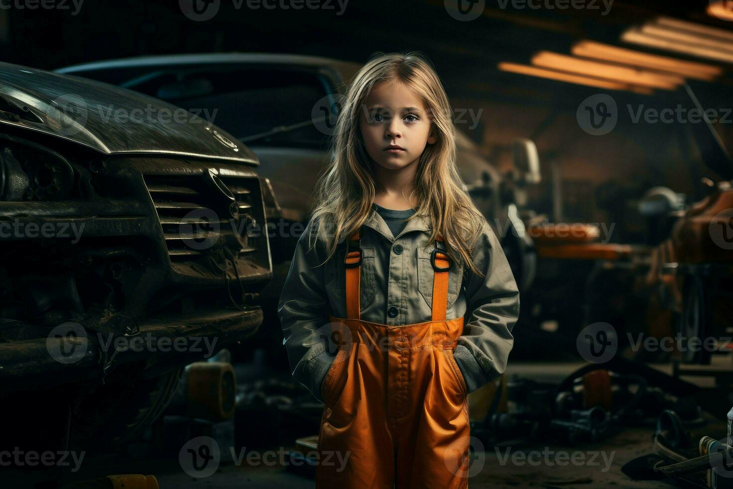 valiente coche mecánico niño niña cochera. generar ai foto