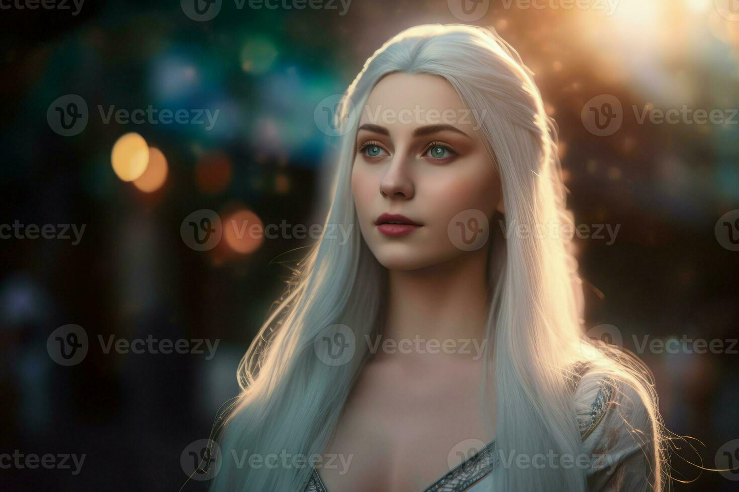 Female with silver long hair. Generate ai photo