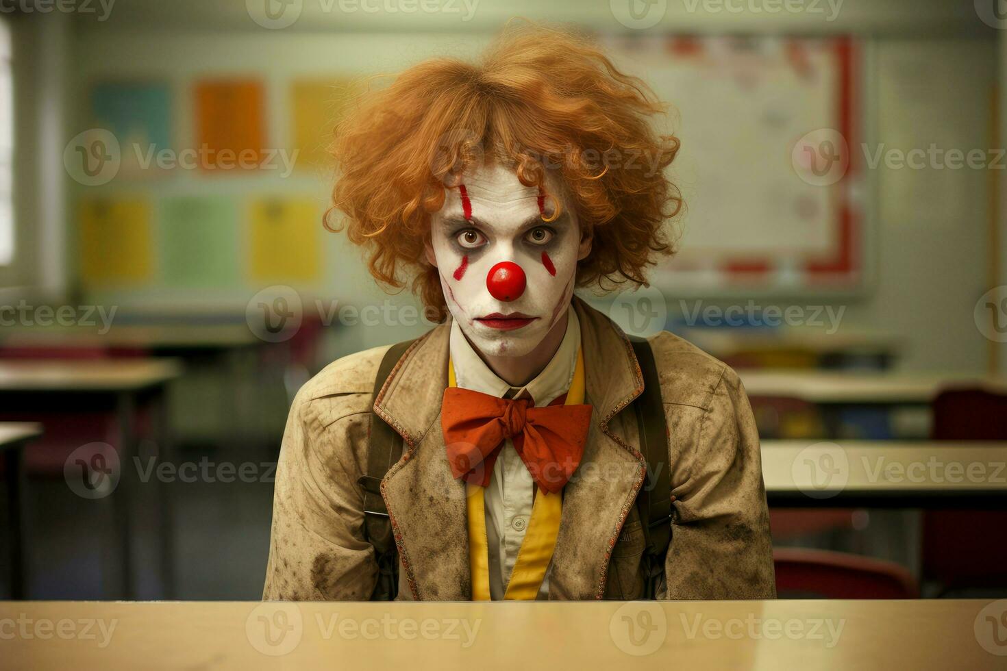 Boy clown at school view. Generate Ai photo