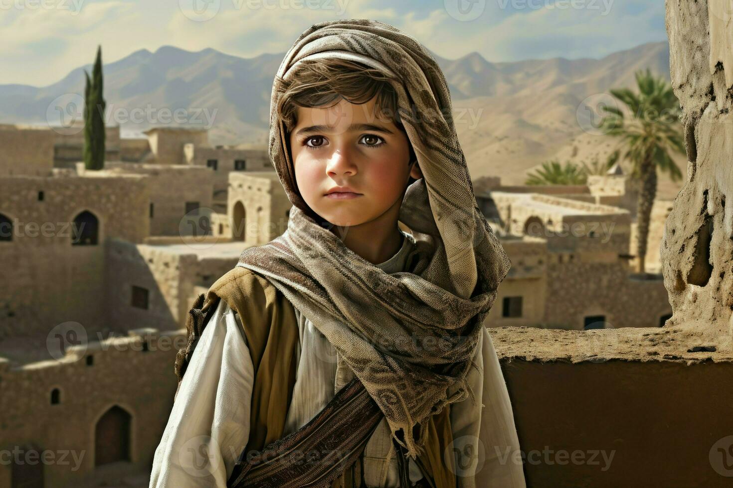 Old arab village child boy. Generate Ai photo