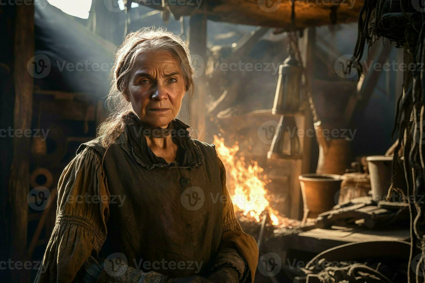 herrero antiguo mujer trabajo fragua. generar ai foto