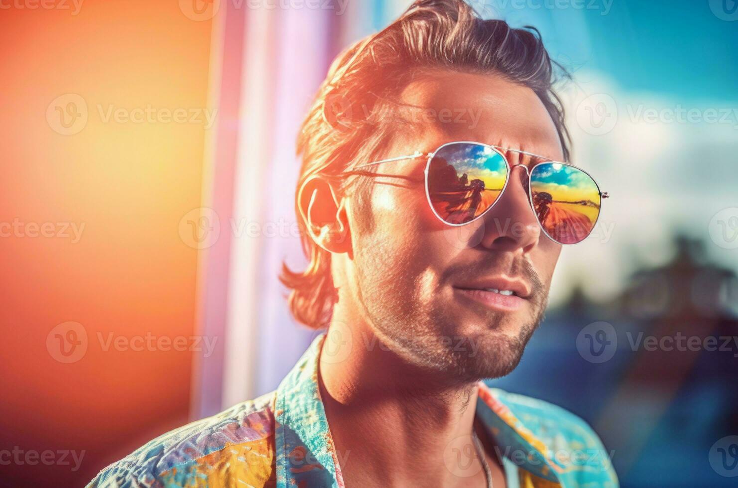 Caucasian man wearing sunglasses. Generate ai photo