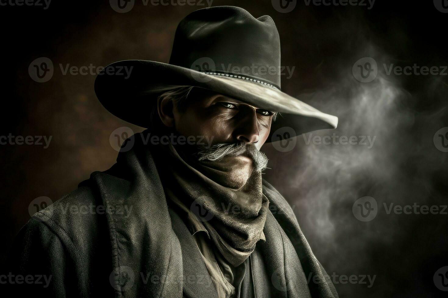 Gunfighter in dark coat and hat. Generate ai photo