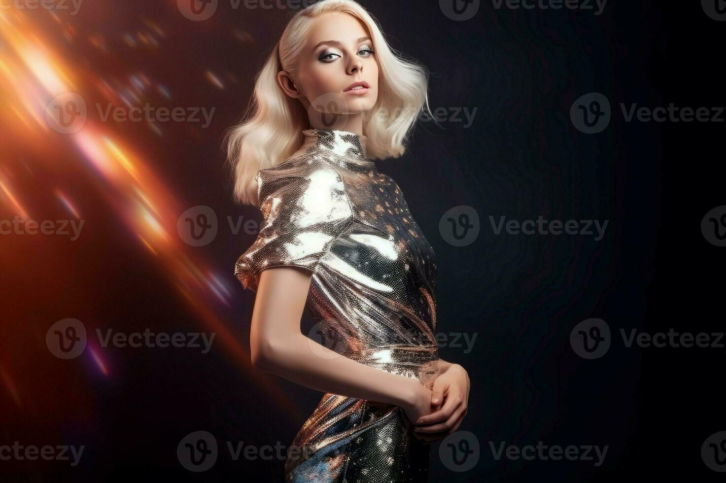 Blonde girl in shiny dress. Generate Ai photo