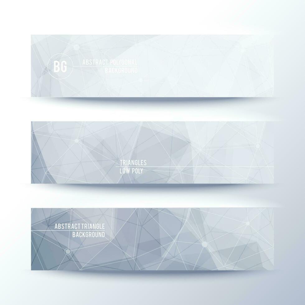 three banners with geometric shapes and grey triangles on a white background vector