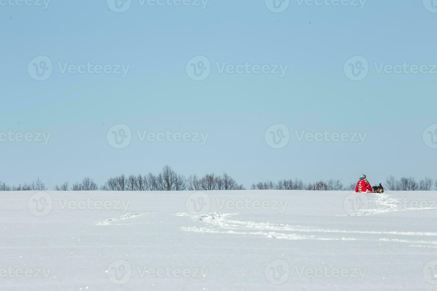 Two silhouettes of children in blue and red overalls against a clear blue sky. People on the horizon. The children went into the distance on clear white snow. .Soft focus. Blured. Film Grain Defocused photo