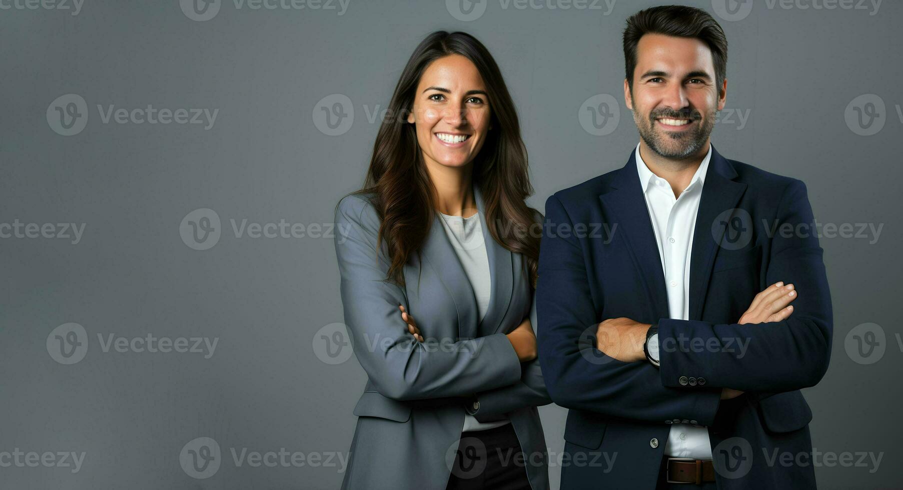 a man and woman in business attire posing for the camera.  AI Generative photo