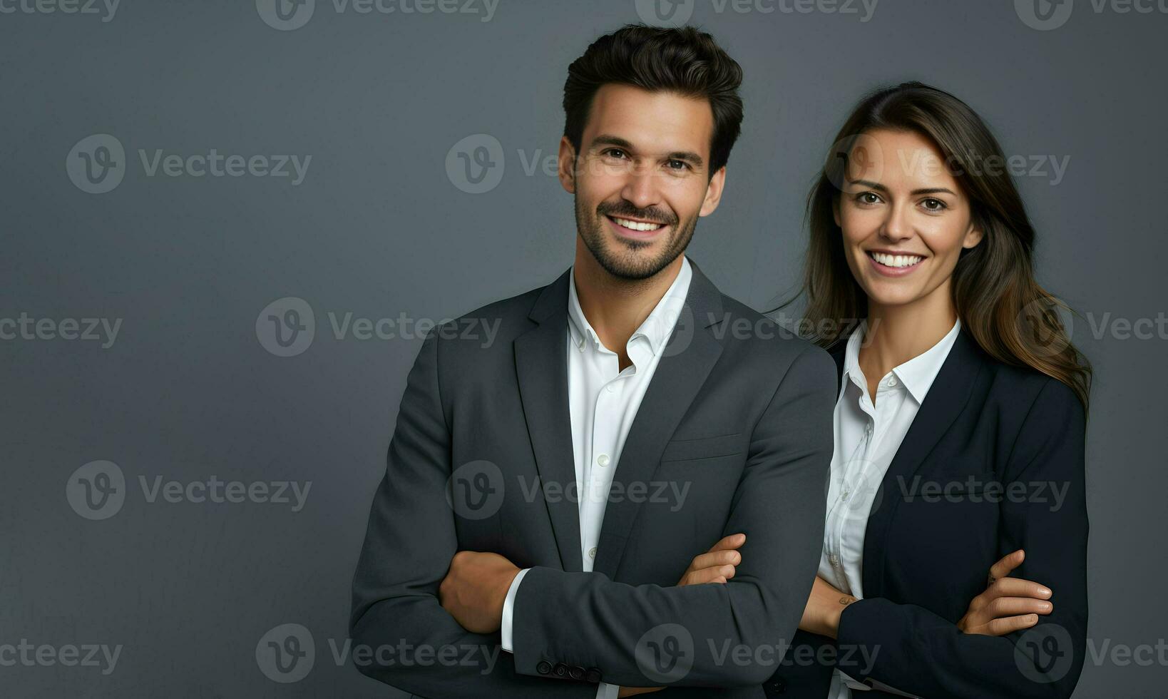 a man and woman in business attire posing for the camera.  AI Generative photo