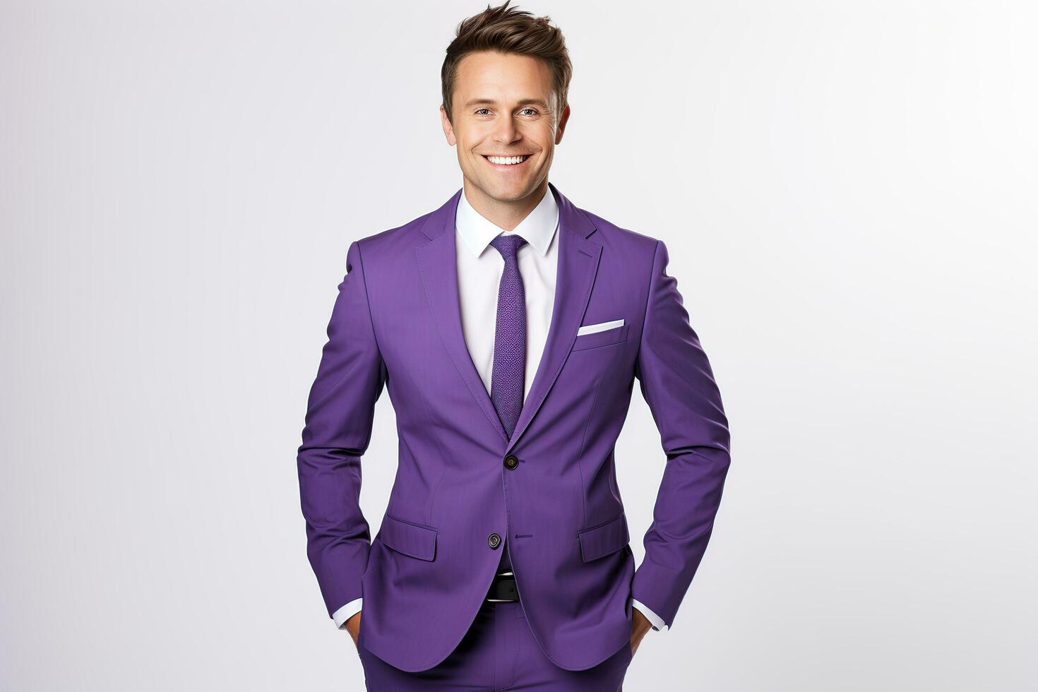 a man in a purple suit posing for a photo. ai generative photo