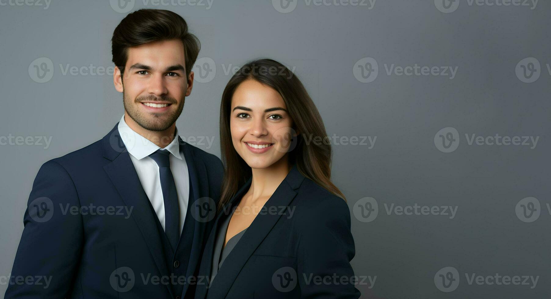 un hombre y mujer en negocio atuendo posando para el cámara. ai generativo foto