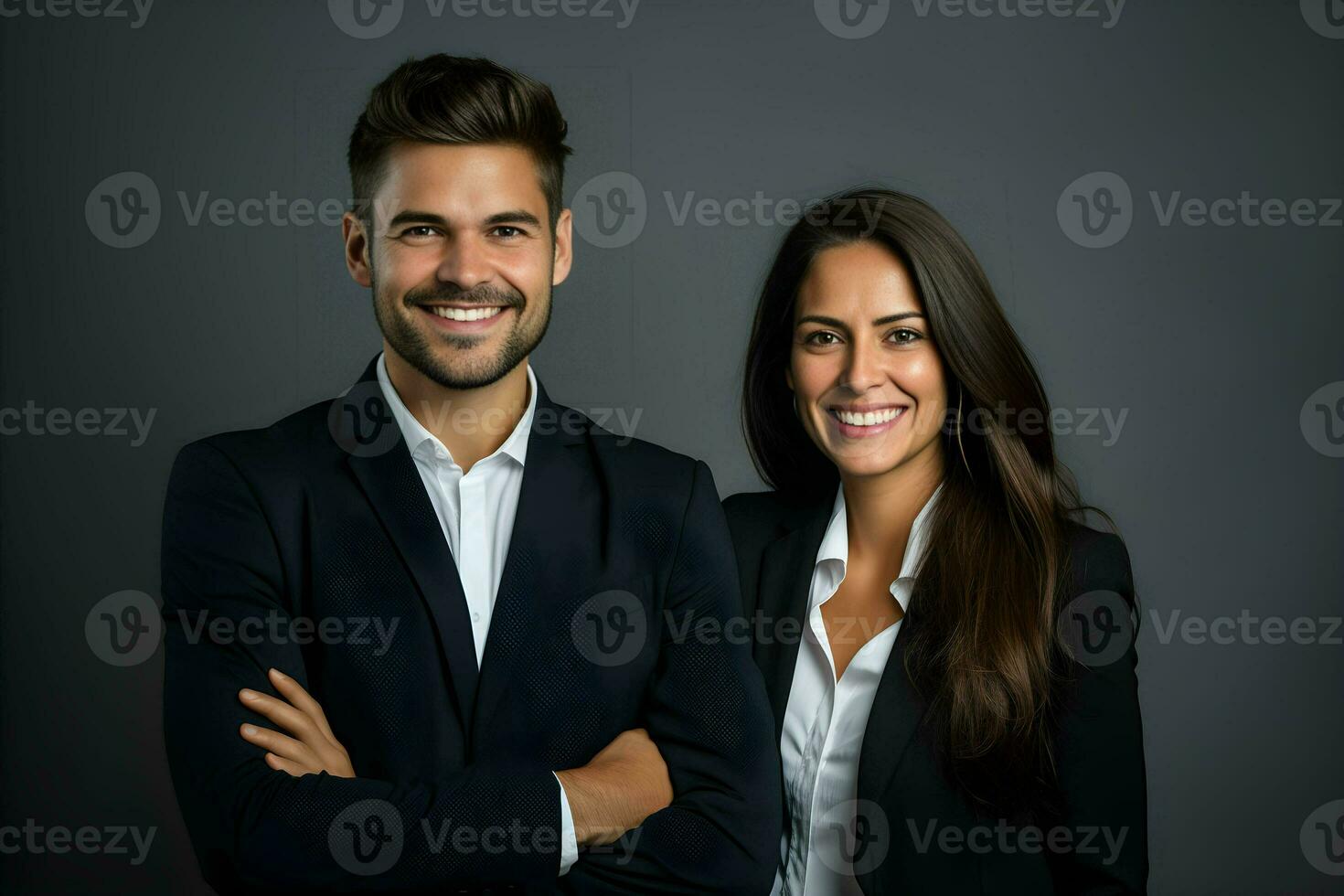 a man and woman in business attire posing for the camera.  AI Generative photo