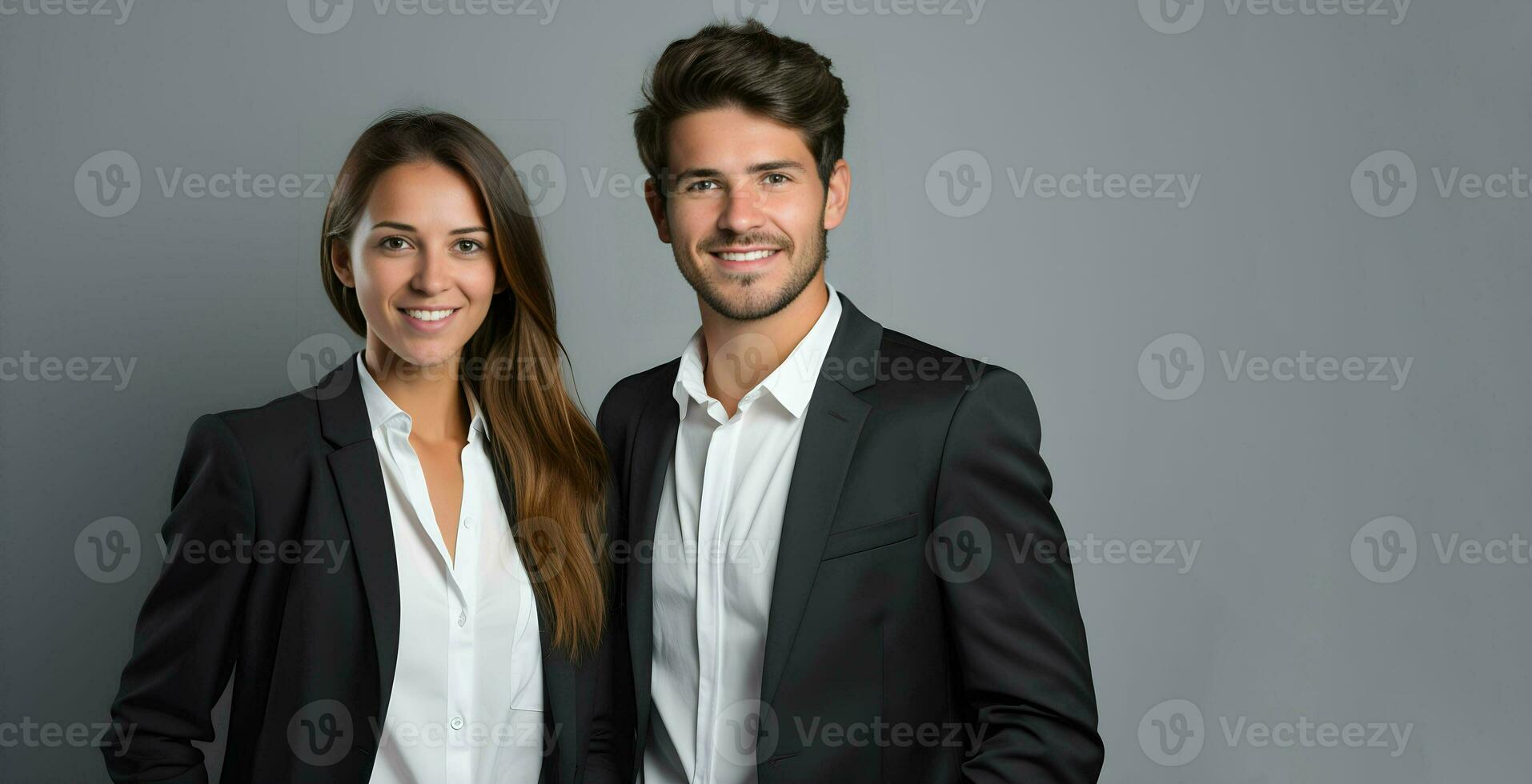 un hombre y mujer en negocio atuendo posando para el cámara. ai generativo foto