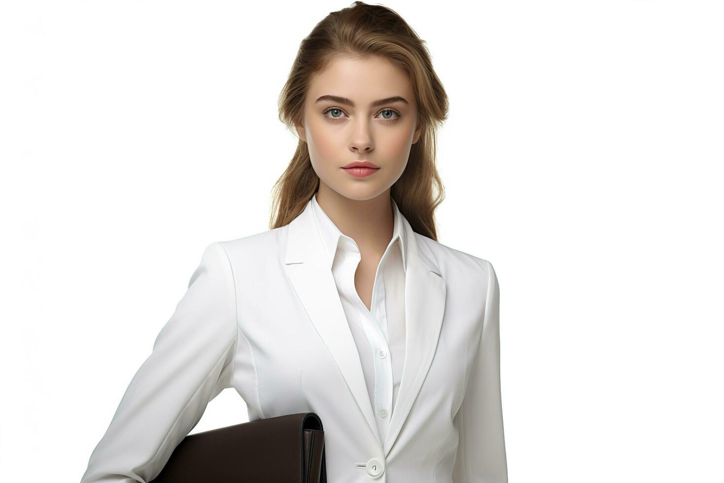 a woman in a white suit holding a briefcase. ai generative photo