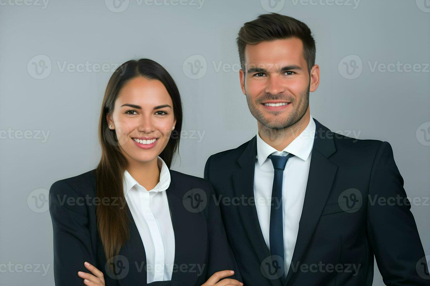 un hombre y mujer en negocio atuendo posando para el cámara. ai generativo foto