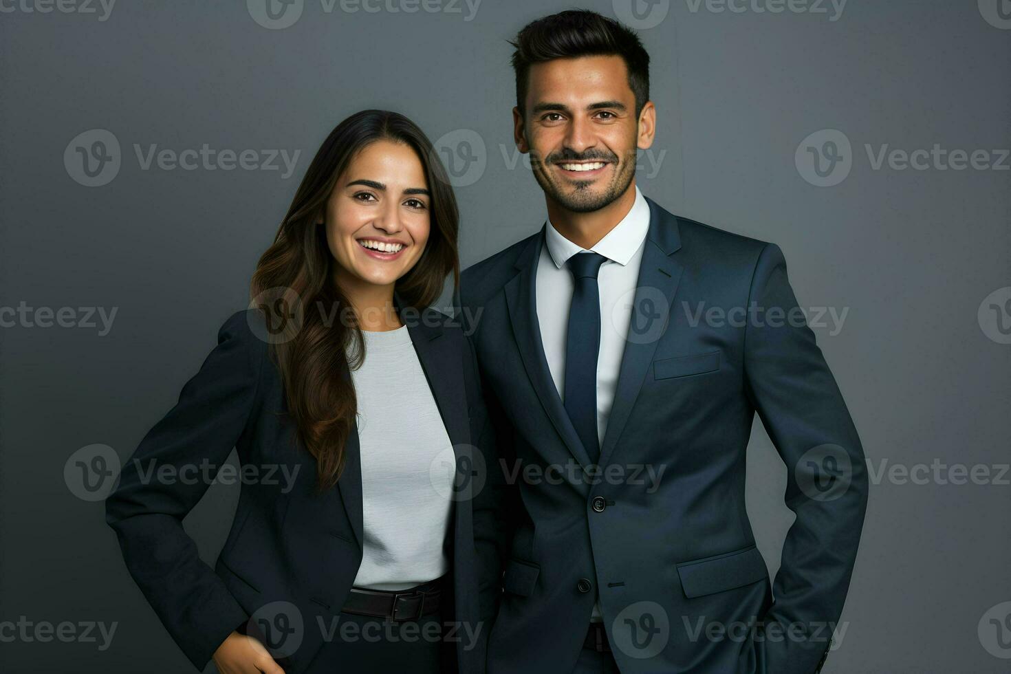 un hombre y mujer en negocio atuendo posando para el cámara. ai generativo foto