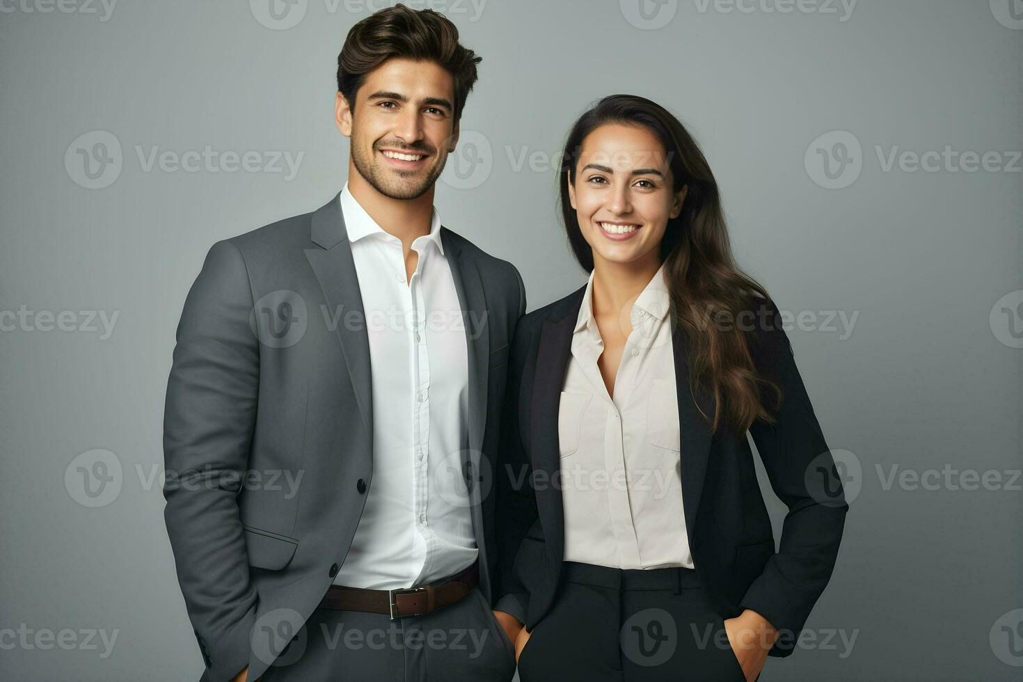 un hombre y mujer en negocio atuendo posando para el cámara. ai generativo foto