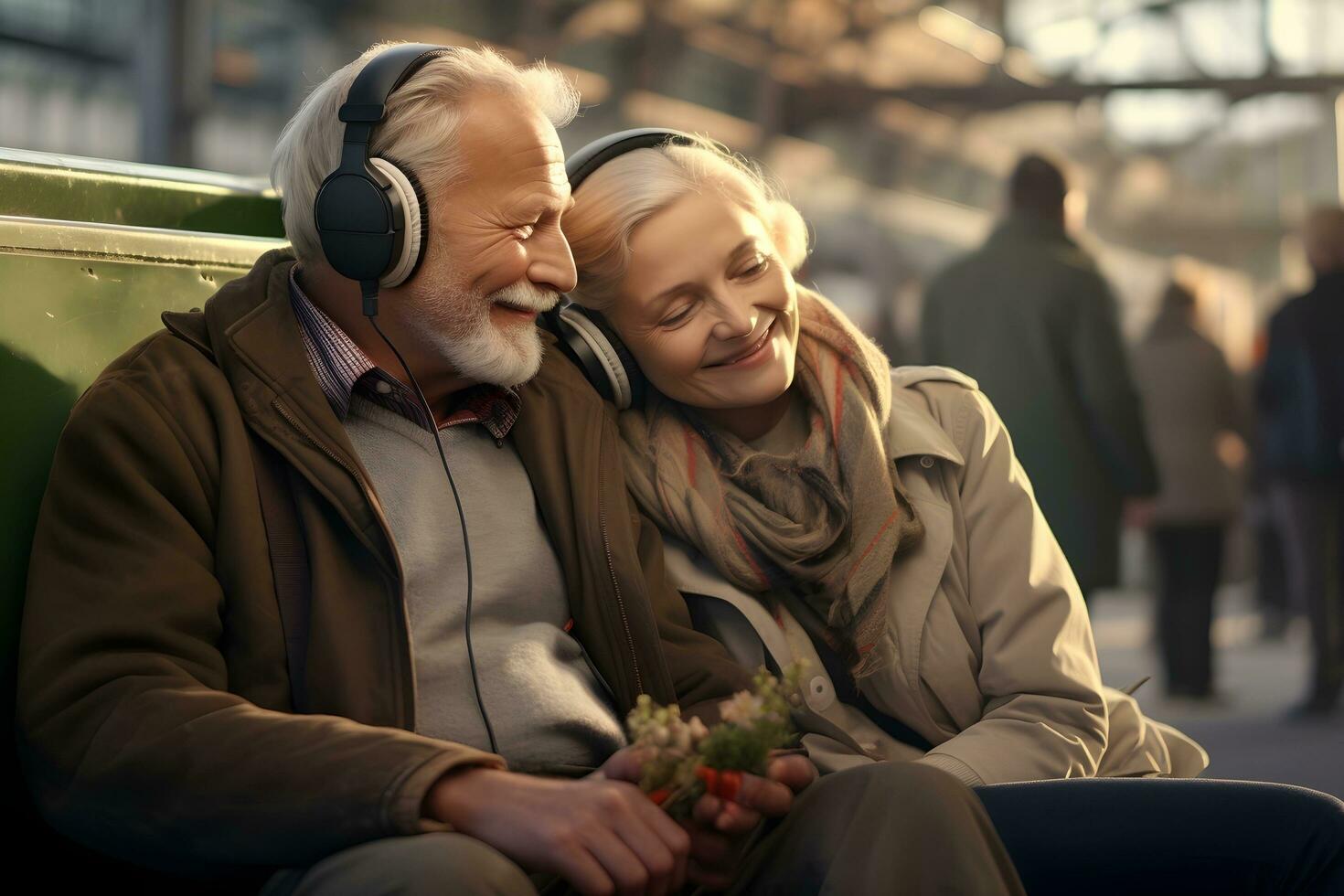 un más viejo Pareja con auriculares escuchando a música. ai generativo foto