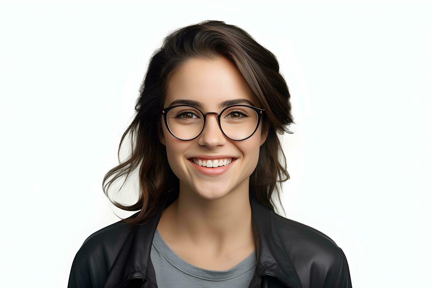 a woman with glasses smiling and looking at the camera. ai generative photo