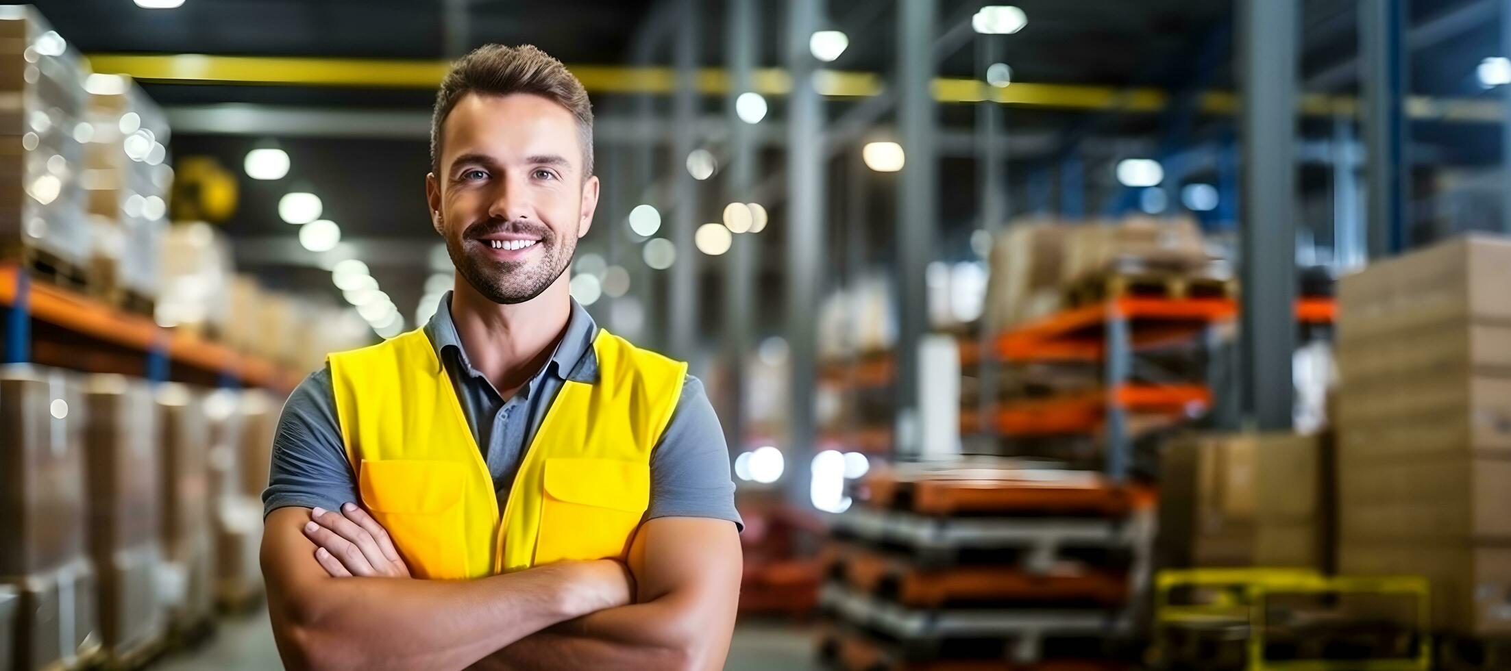a smiling man in a warehouse. ai generative photo