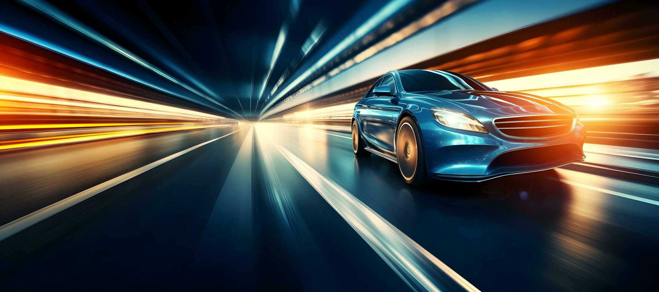a blue car driving on the highway at night. ai generative photo