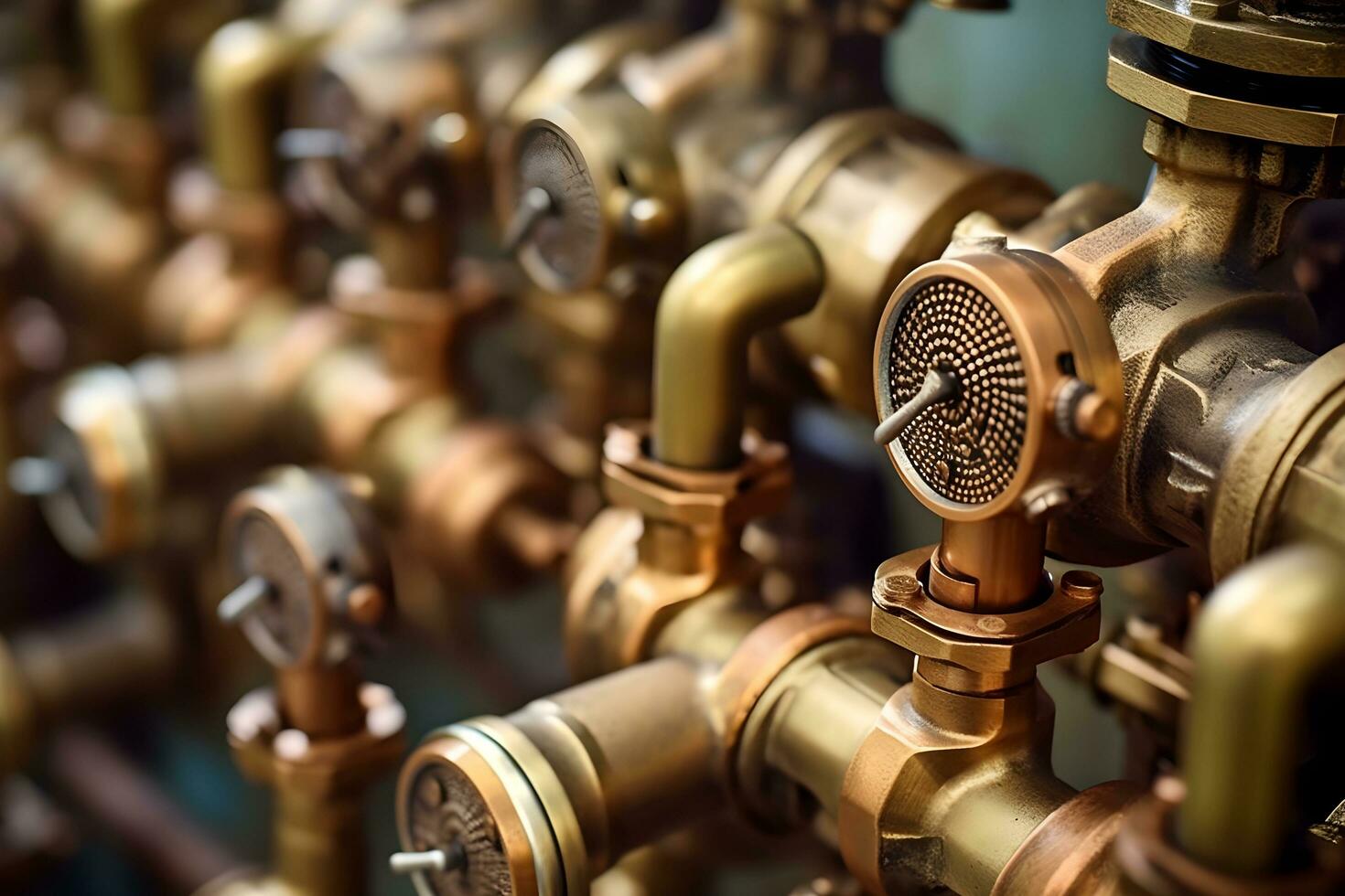 a close up of several brass pipes and valves. ai generative photo