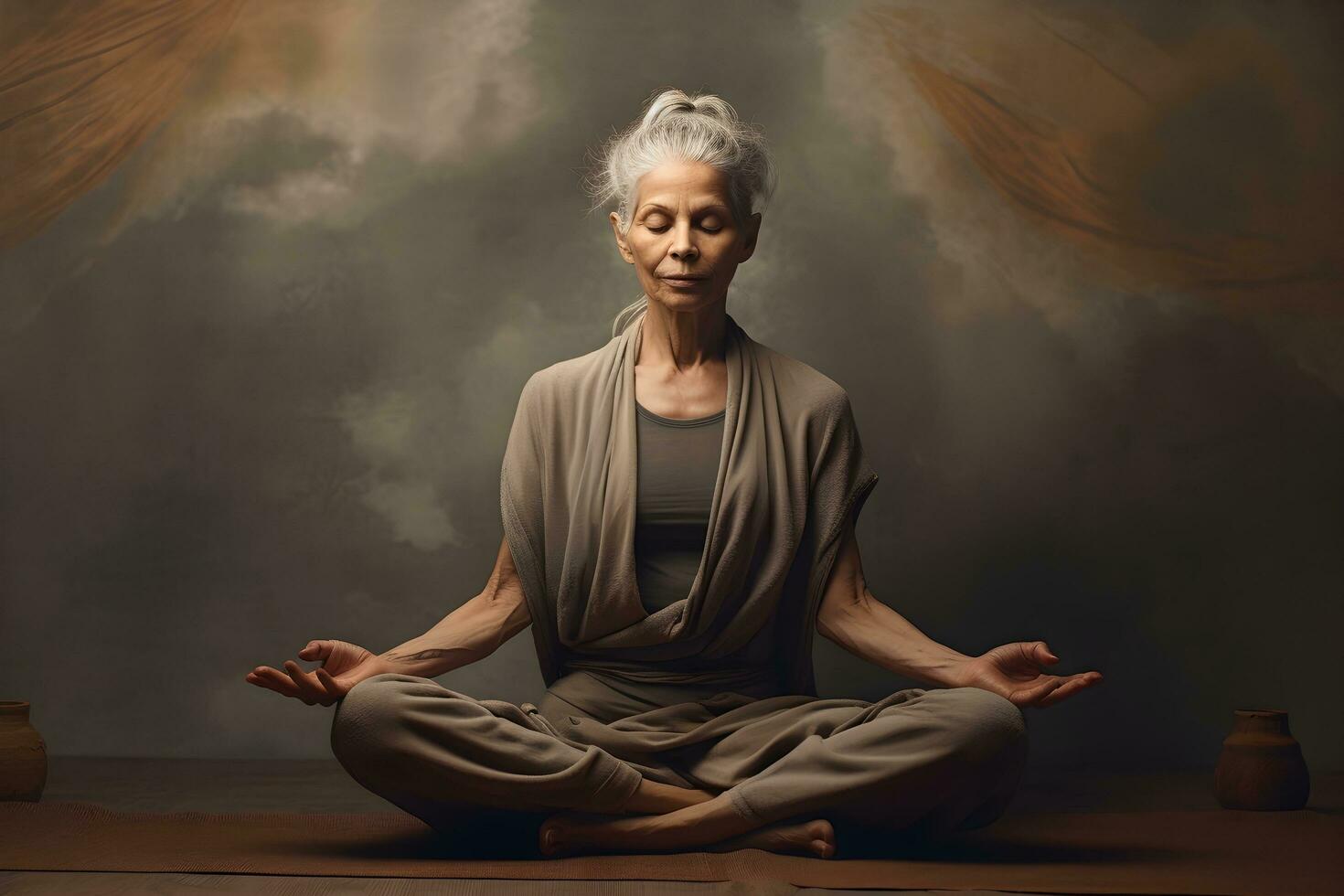 un más viejo mujer meditando en un yoga pose. ai generativo foto