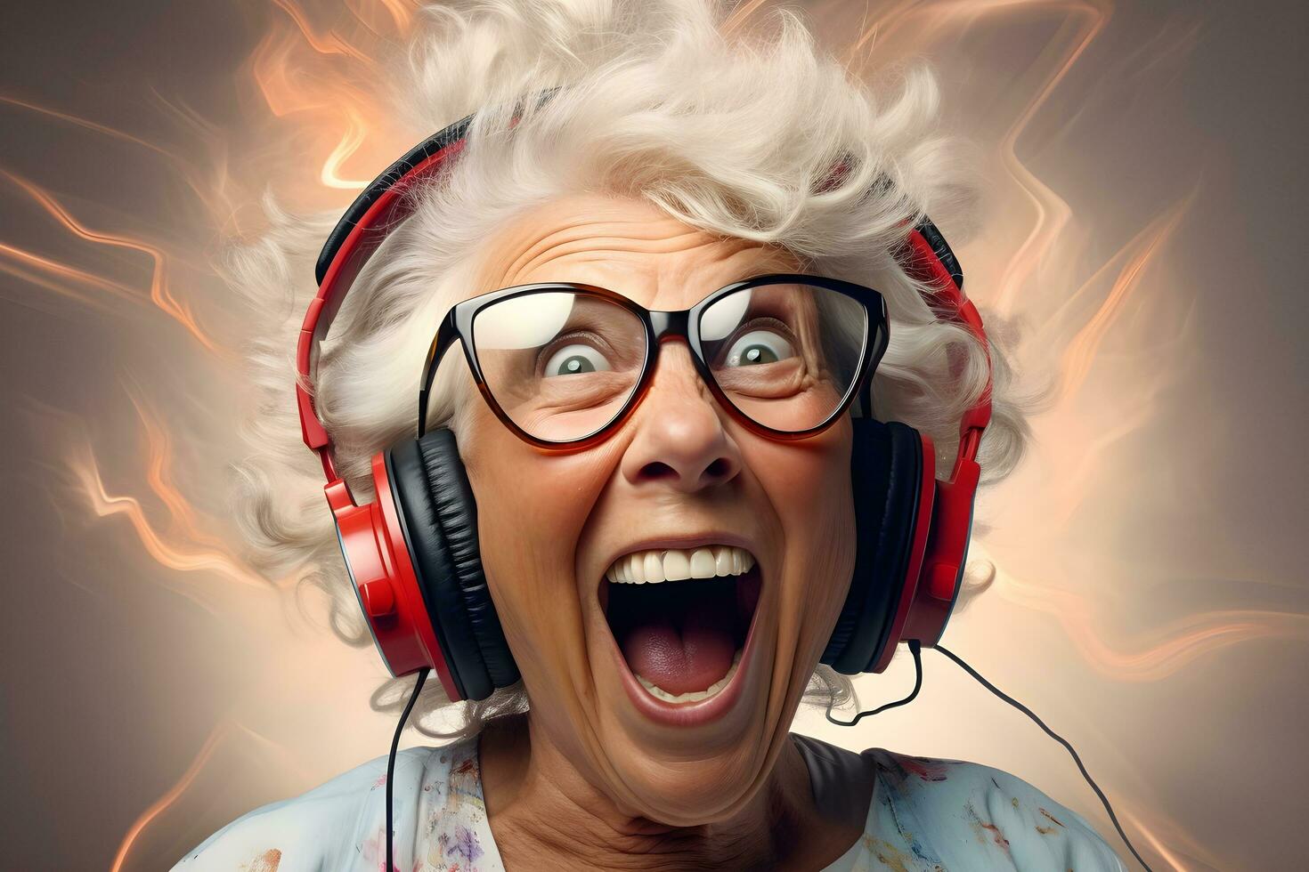 an older woman with headphones on and a shocked expression. ai generative photo