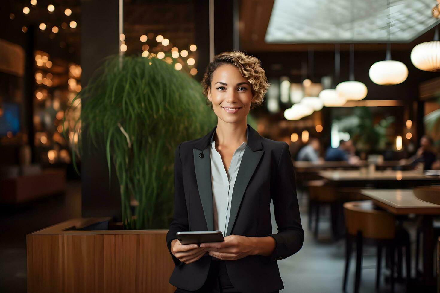 Restaurant Owner Woman in Her Restaurant Holding a Tablet. ai generative photo