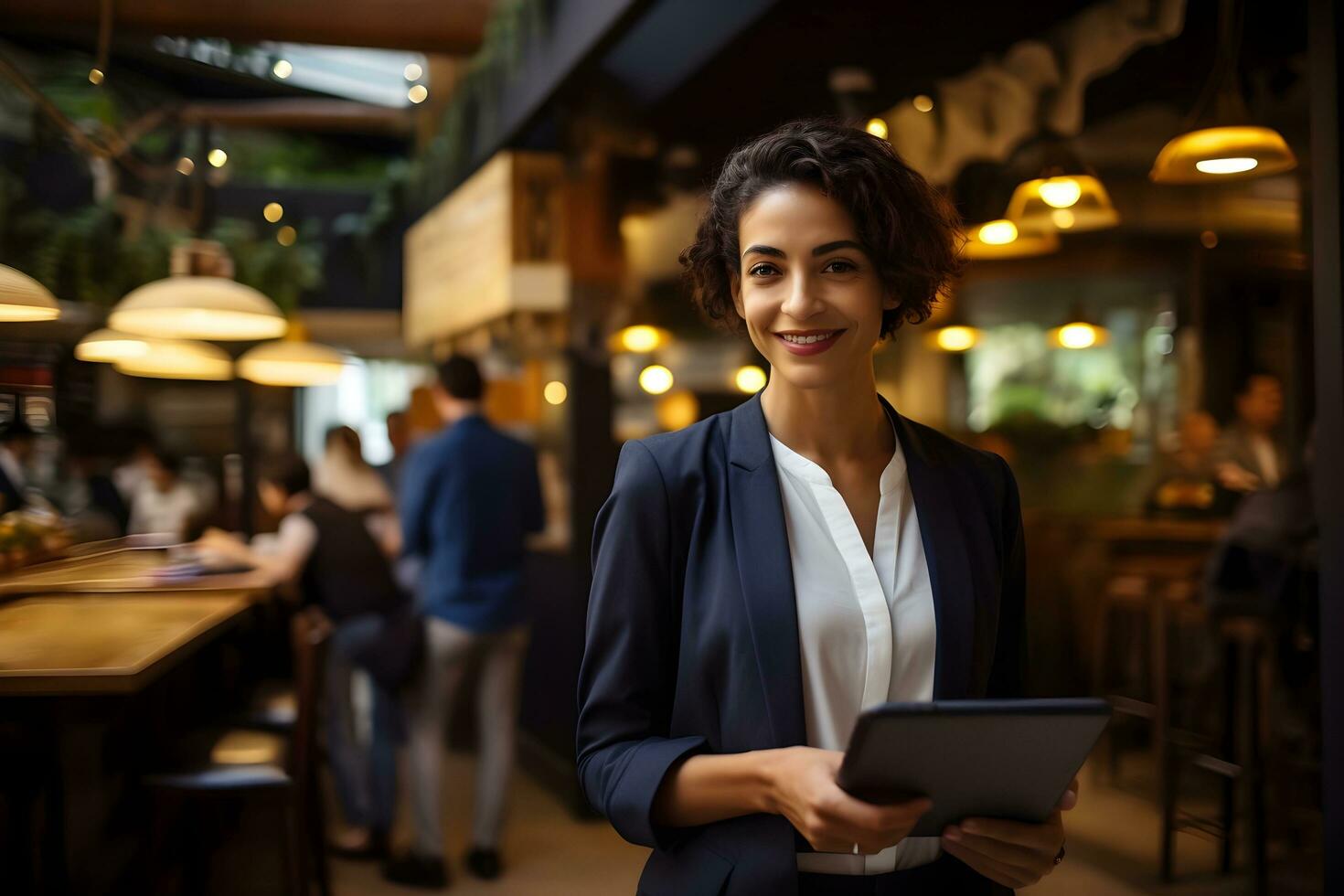 a woman in a business suit holding .ai generativea tablet photo
