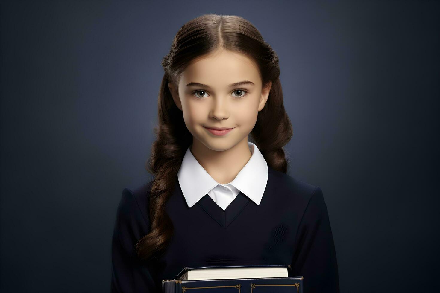 a young girl in a school uniform holding a book. ai generative photo