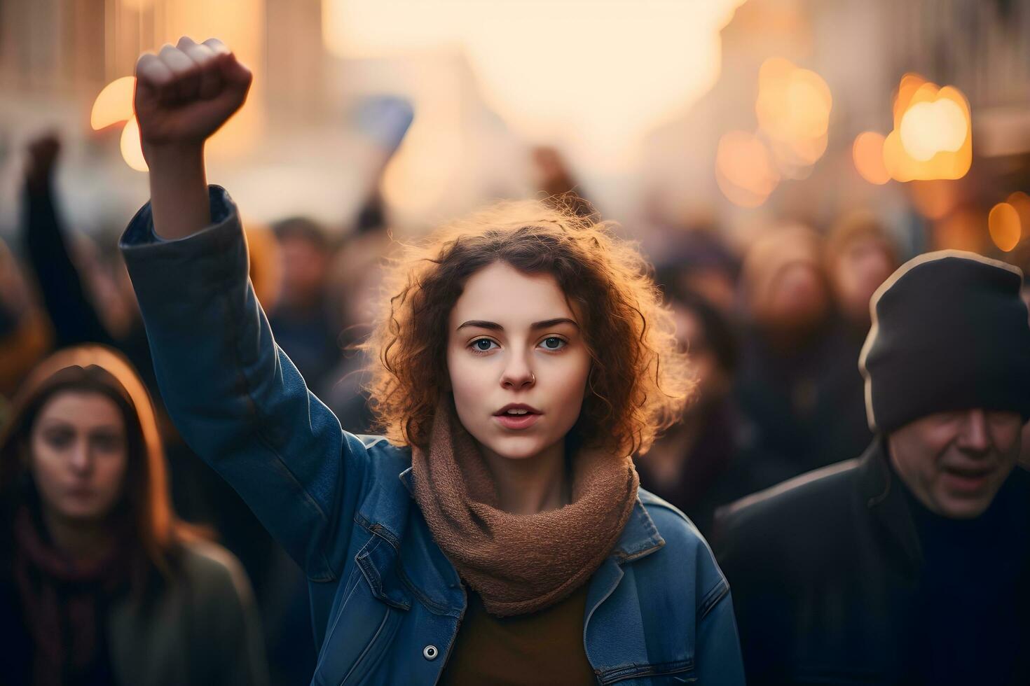 mujer participación arriba puño en protesta. ai generativo foto