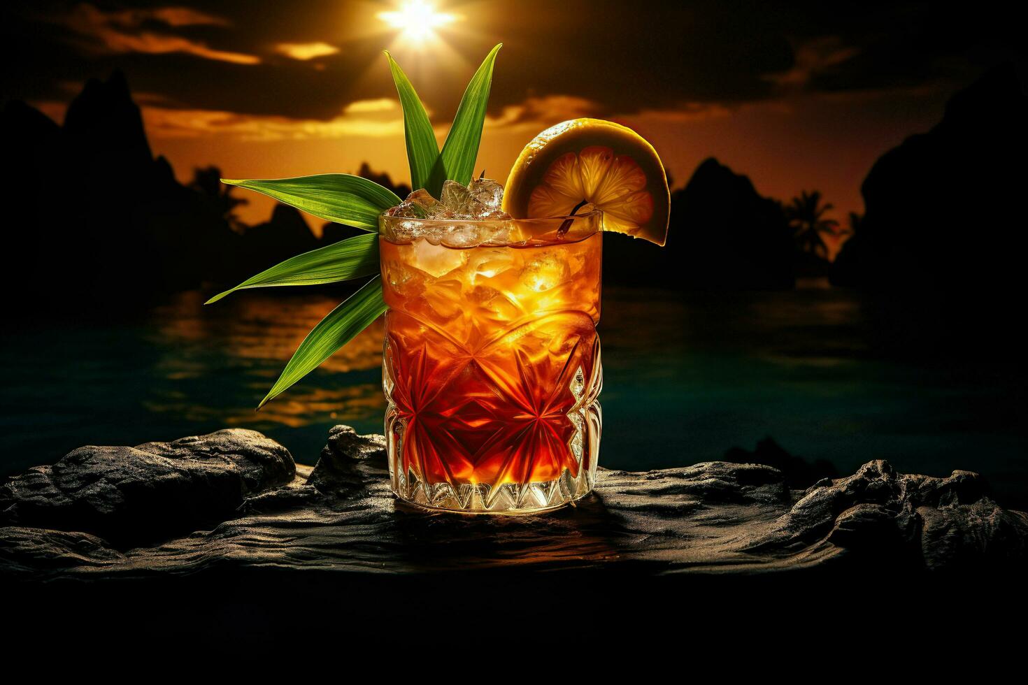 Glass of fresh Mai Tai Cocktail with a slice of lemon and a straw on the beach at sunset. ai generative photo