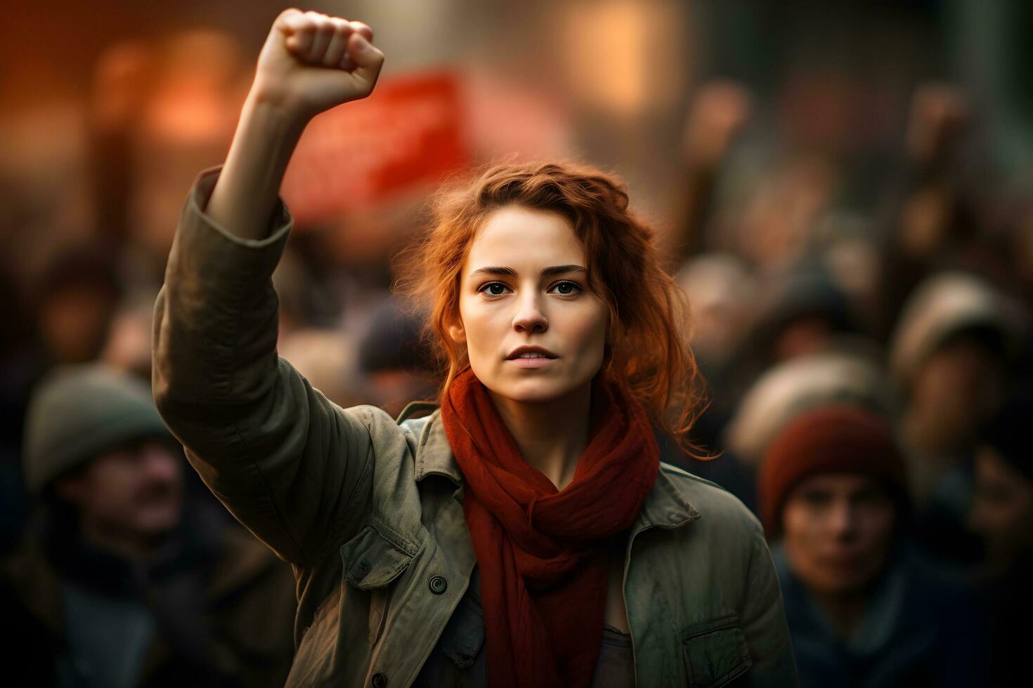 mujer participación arriba un puño en un multitud. ai generativo foto