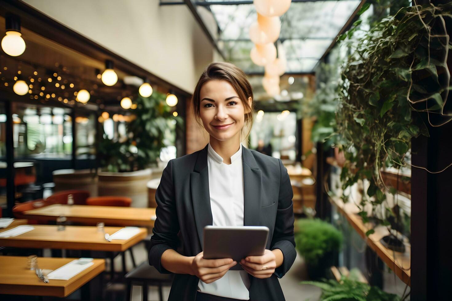 Restaurant Owner Woman in Her Restaurant Holding a Tablet. ai generative photo