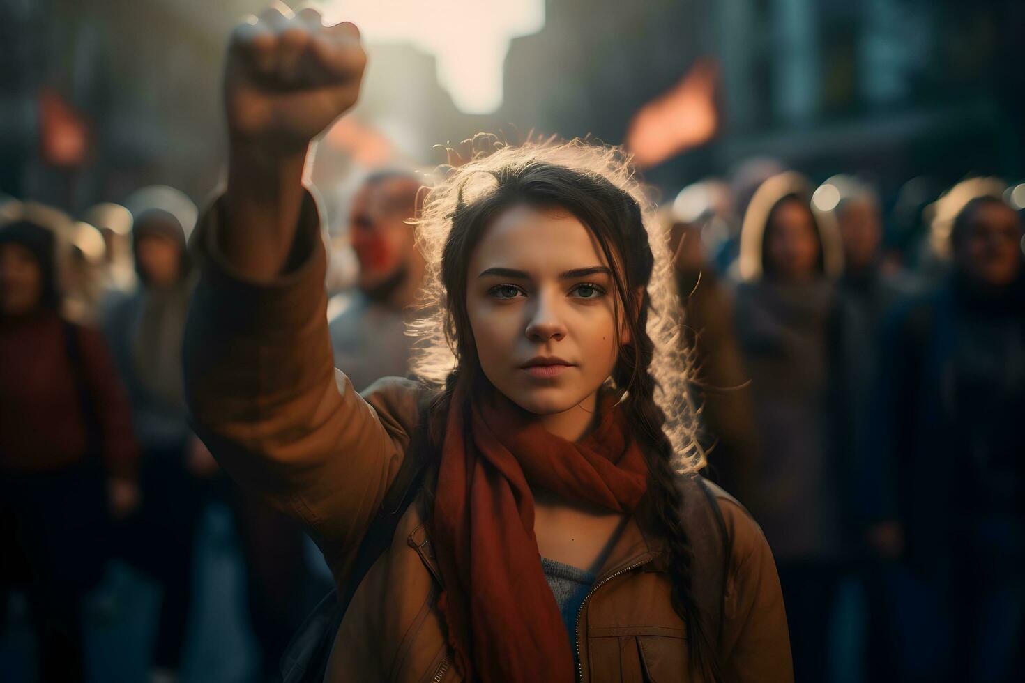 woman holding up fist in protest. ai generative photo