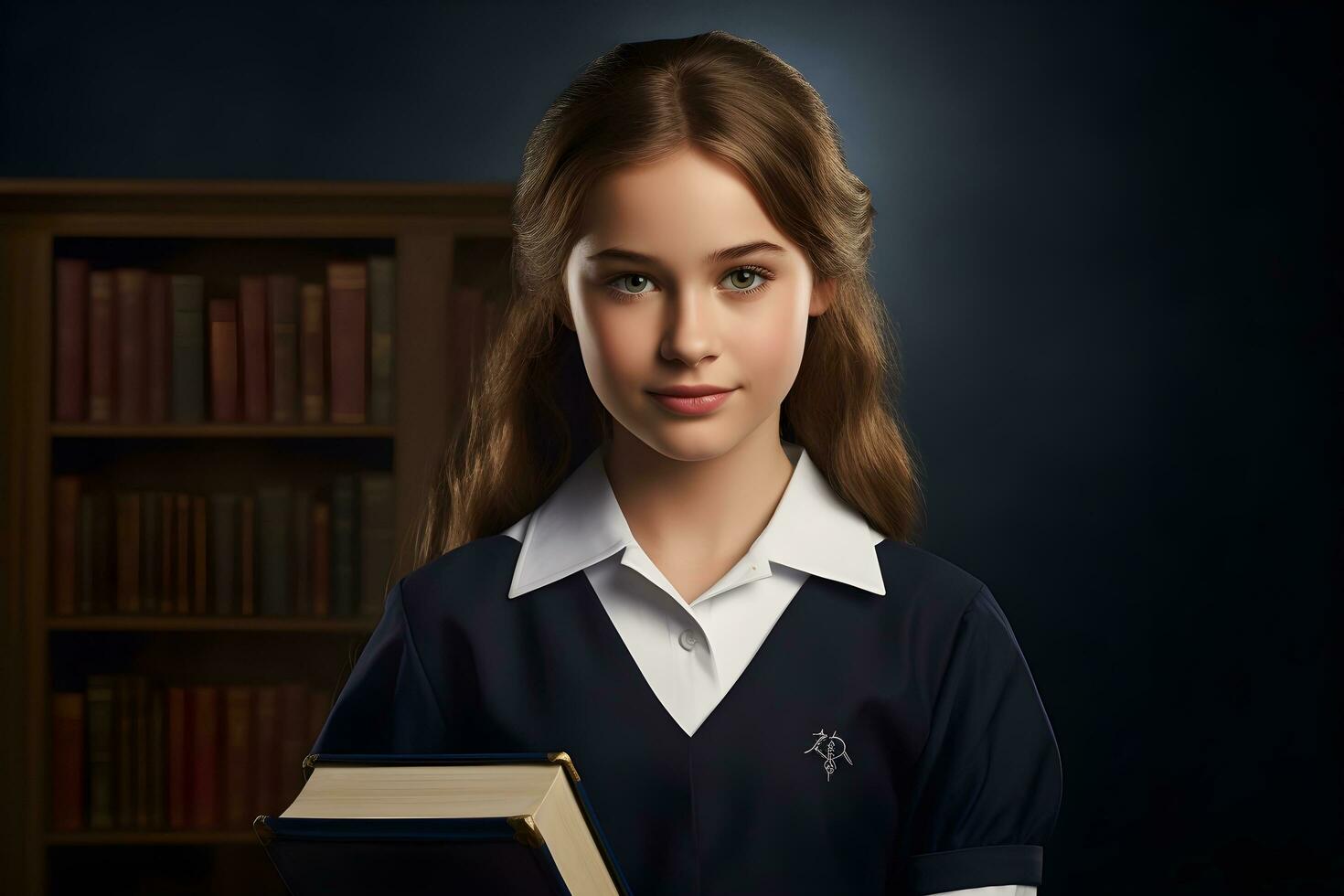 a young girl in a school uniform holding a book. ai generative photo