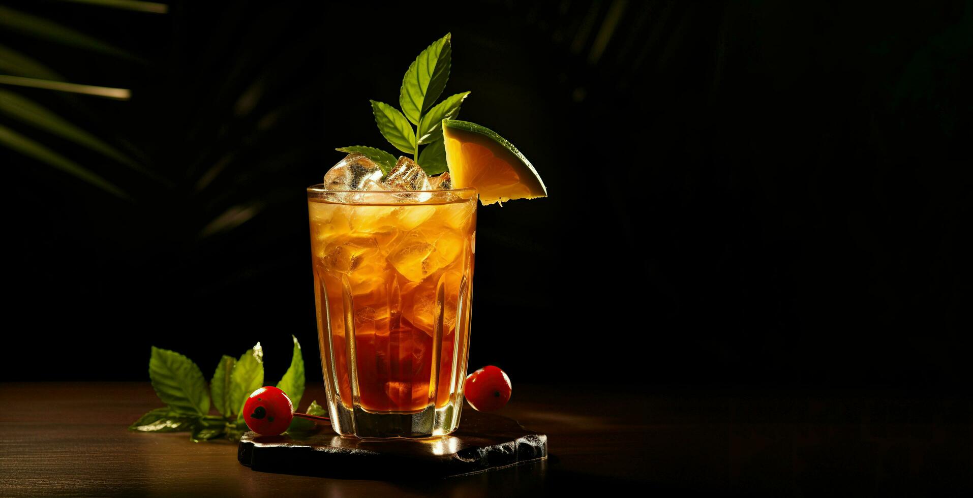 Glass of fresh Mai Tai cocktail with ice and mint on a dark background. ai generative photo