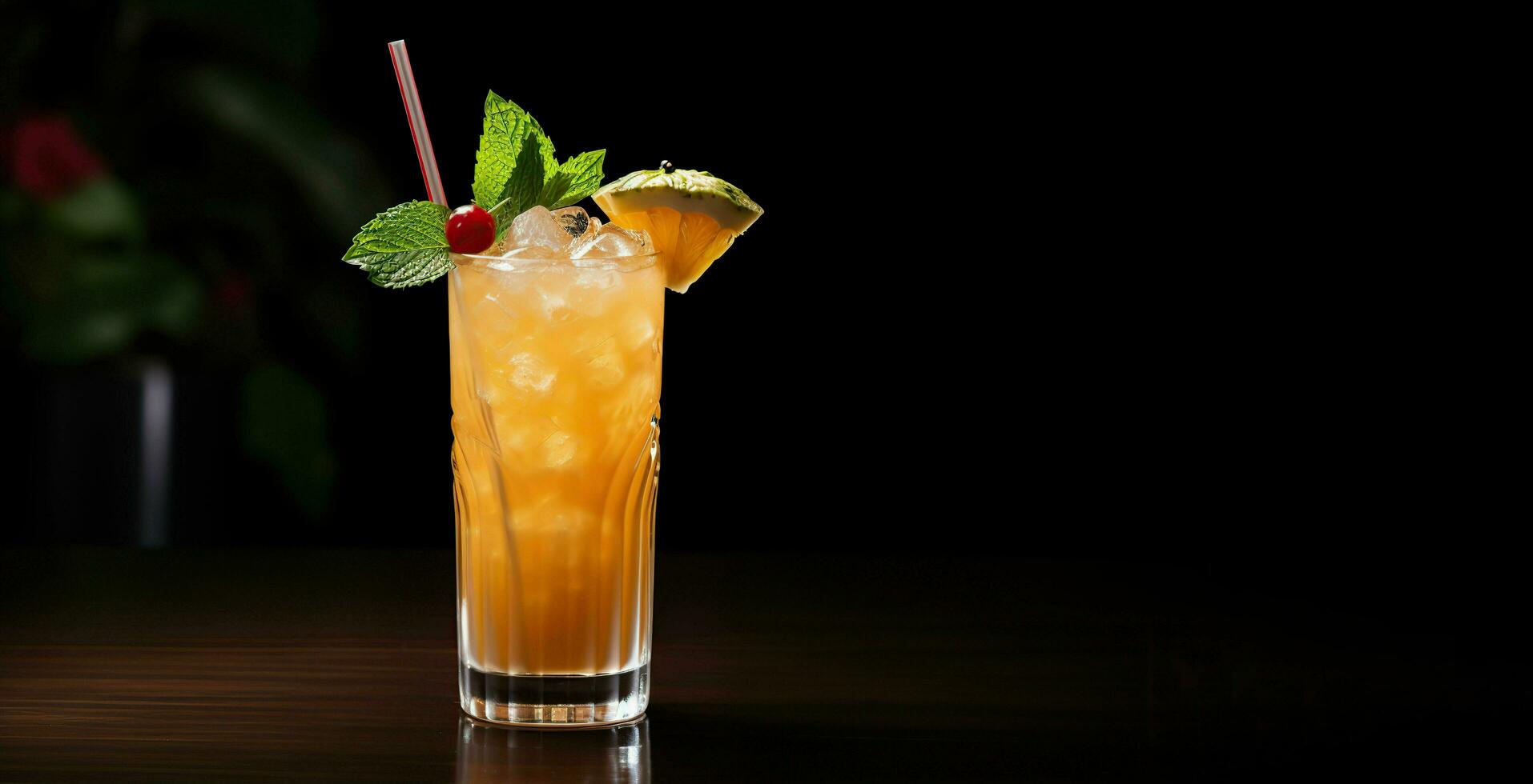 vaso de Fresco mai Tai con naranja jugo y menta en un negro antecedentes. ai generativo foto