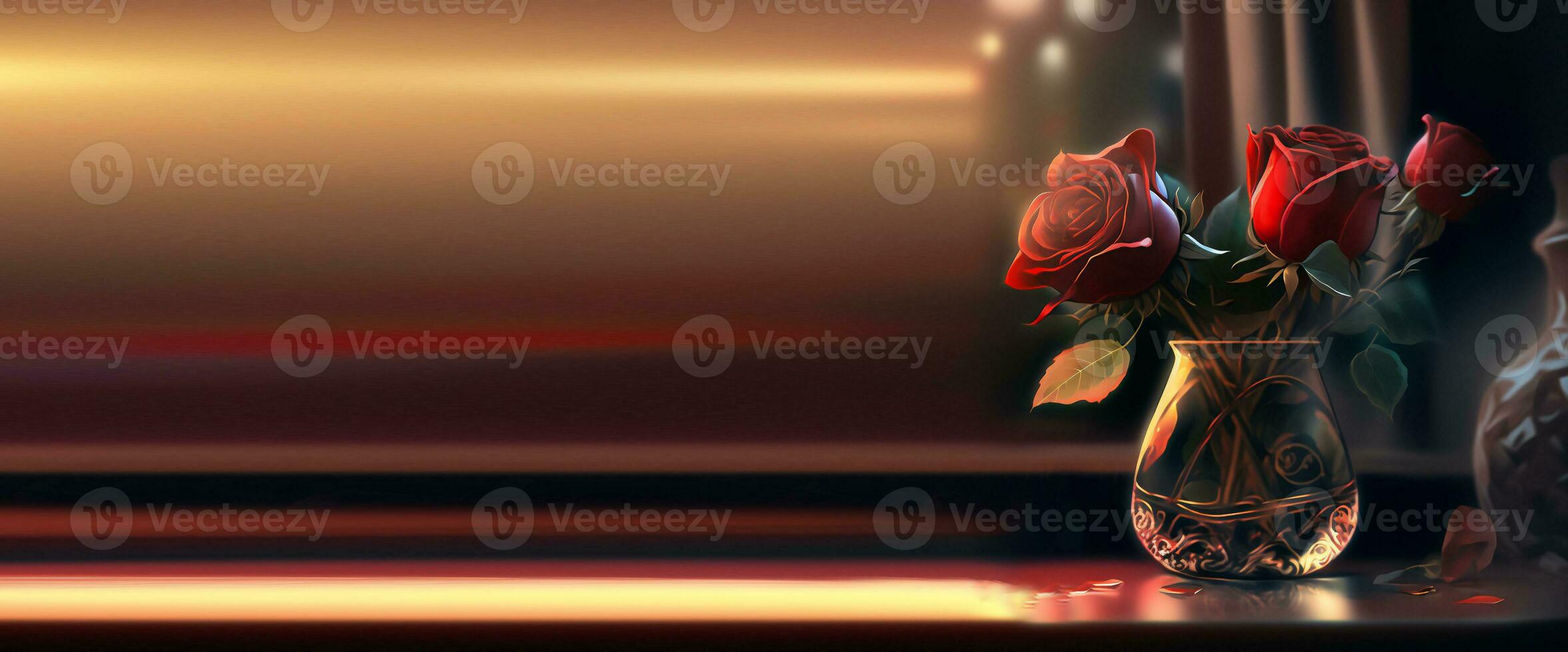 Vase with roses on the table. Background for Valentine's Day or Mother's Day. Generative AI. photo