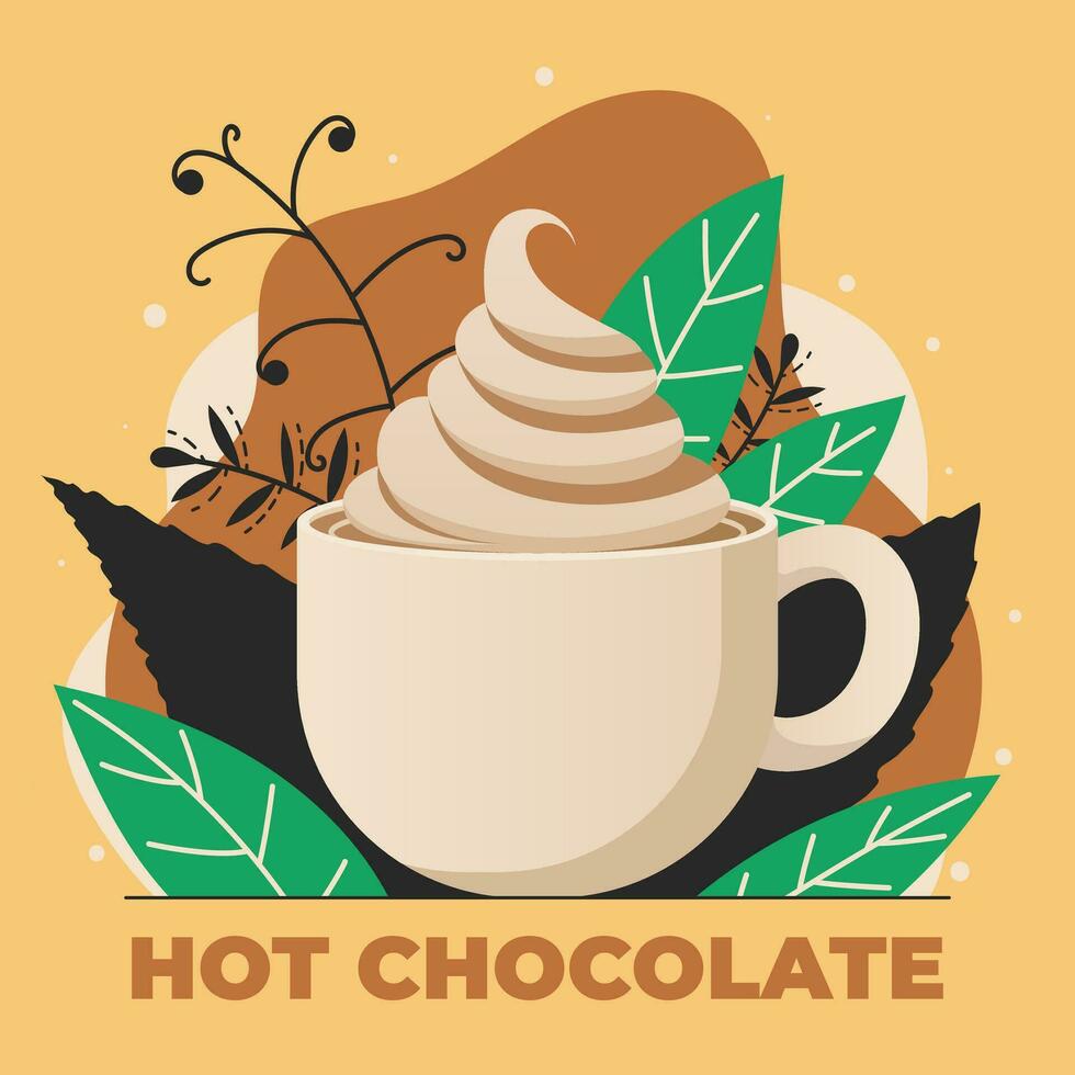 a cup of hot chocolate with aesthetic leaf decoration.  flat vector illustration