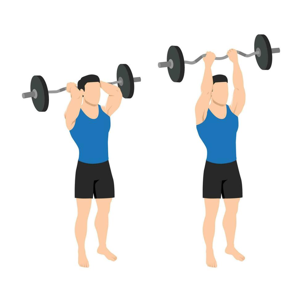 Man doing barbell reverse grip tricep extension exercise. vector