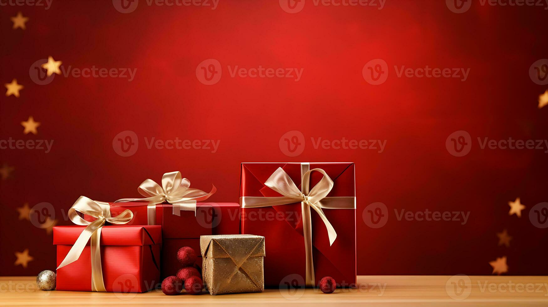 Christmas gifts card on a wooden table with a red generated by Ai photo