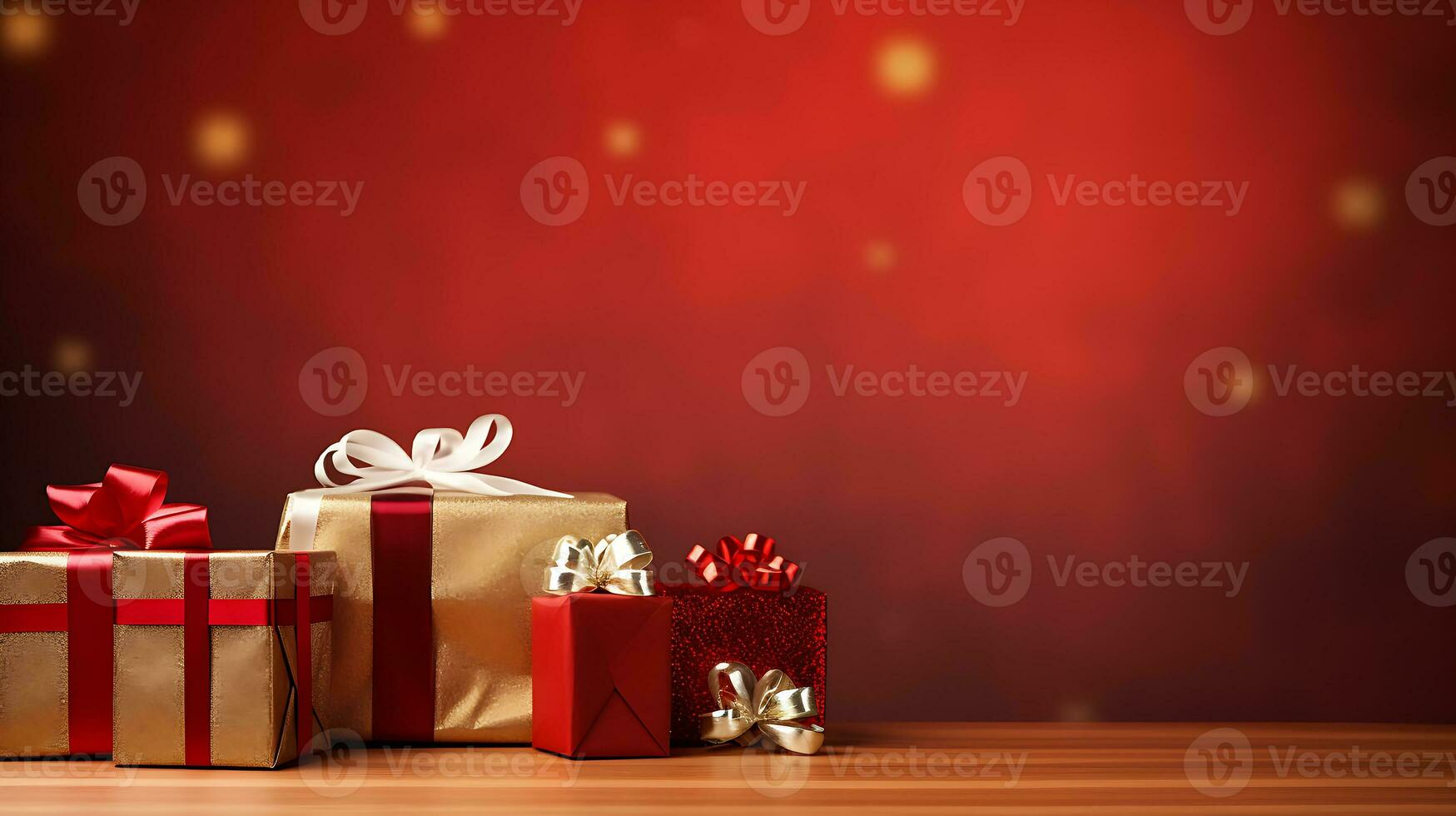 Christmas gifts card on a wooden table with a red color generated by Ai photo