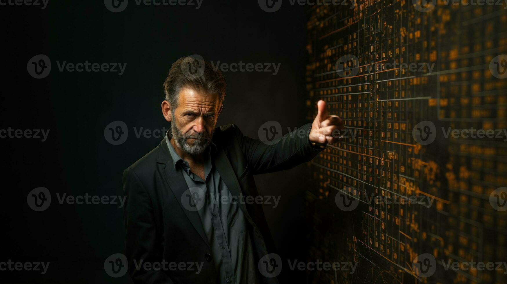 Teacher pointing at a blackboard. University professor master man explaining a topic. photo