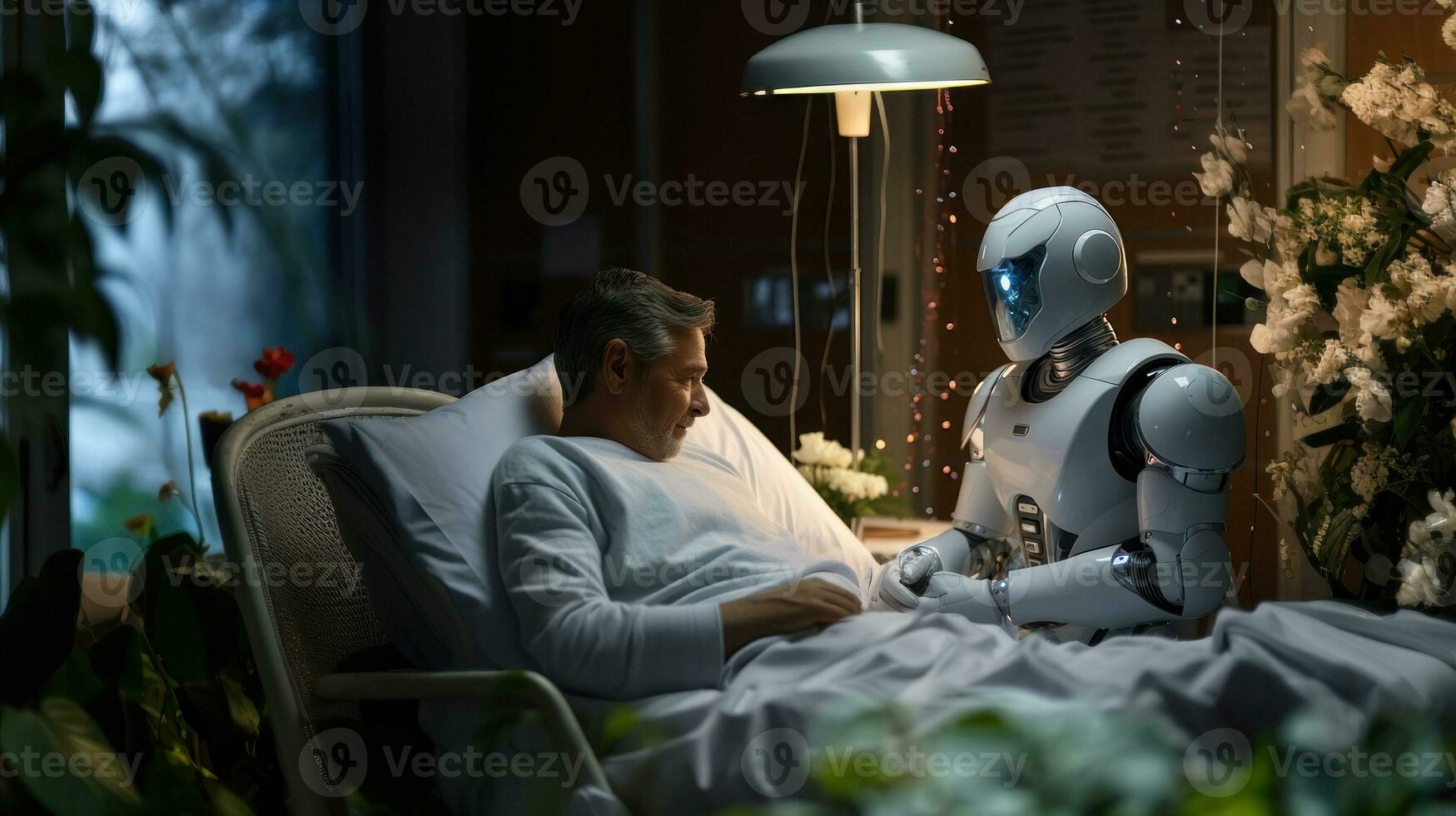 Mature man in hospital bed talking with robot. Concept of artificial intelligence. photo