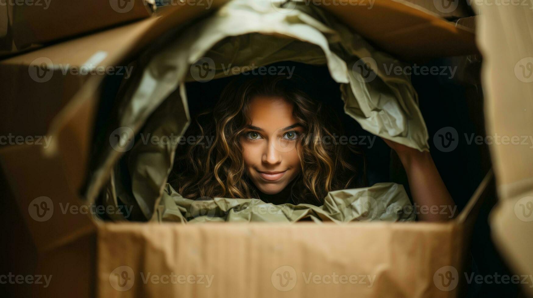 Personal spase concepts, uncomfortable Life. High angle view of beautiful young woman looking at camera while lying inside cardboard box. photo