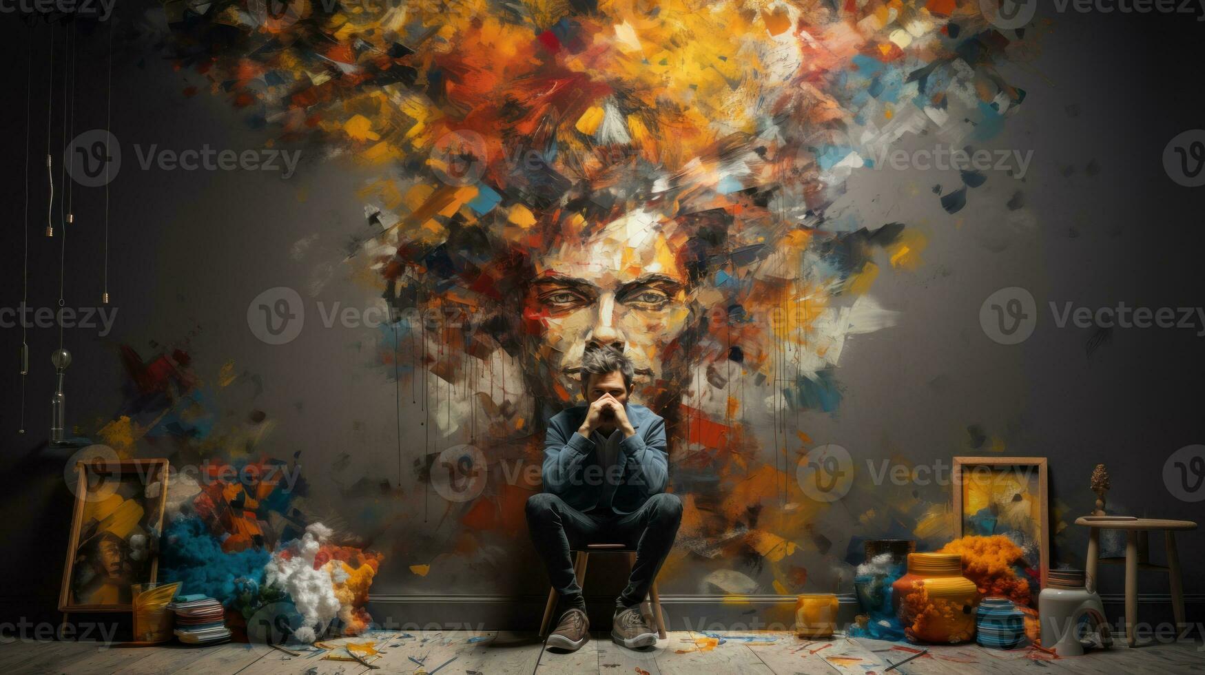Portrait of sad man with a painted face in a room. Abstract low poly, pop art. photo