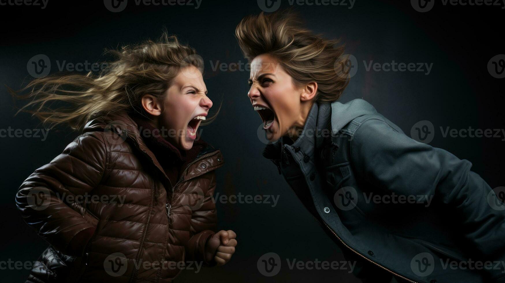 Two young women screaming at each other on black background. Conflict between mother and child. Woman screams at teenage girl daughter. photo