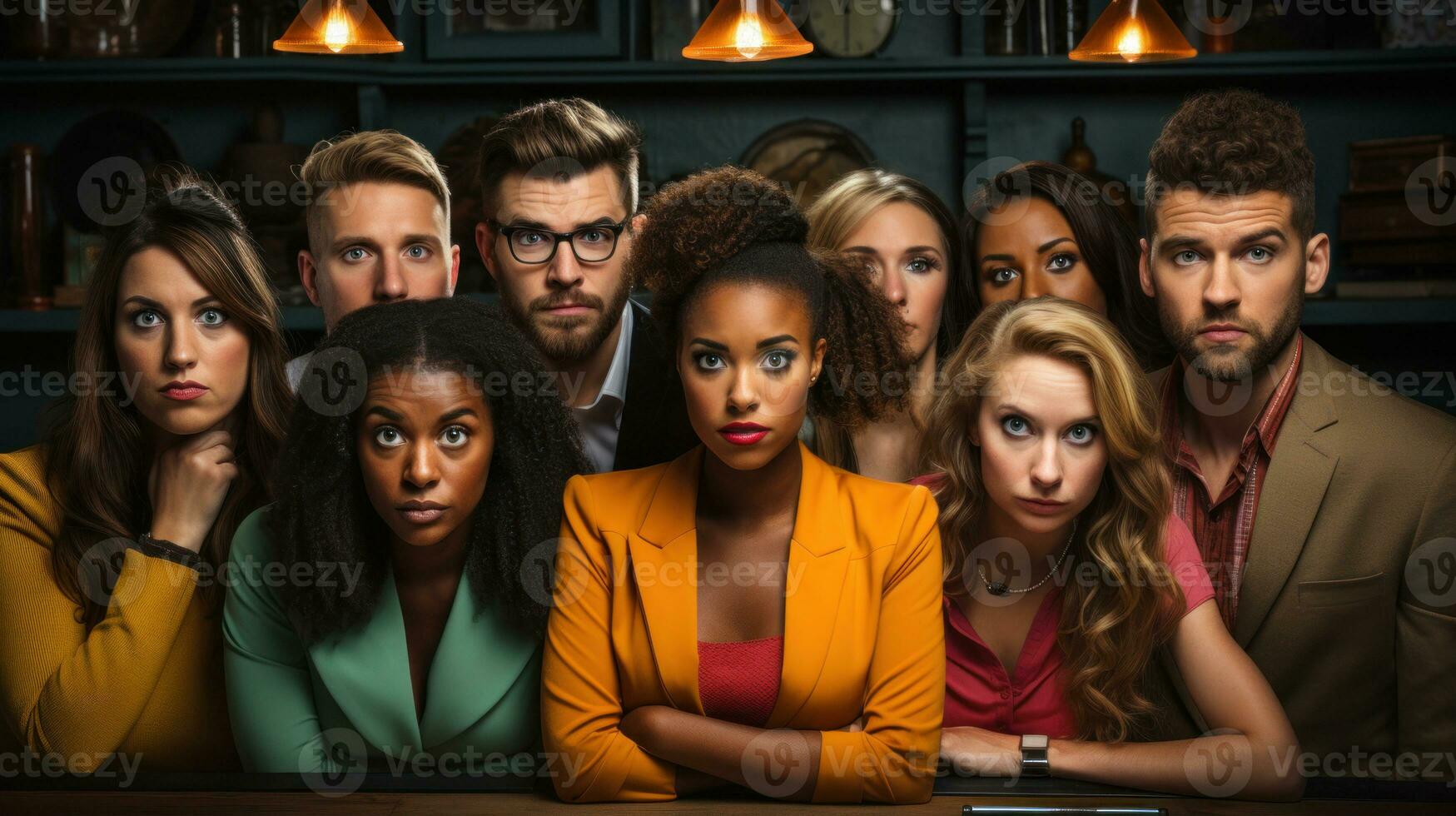 Group of young multiethnic people looking at camera disrespectfully after having an emotional dispute and verbal altercation. photo