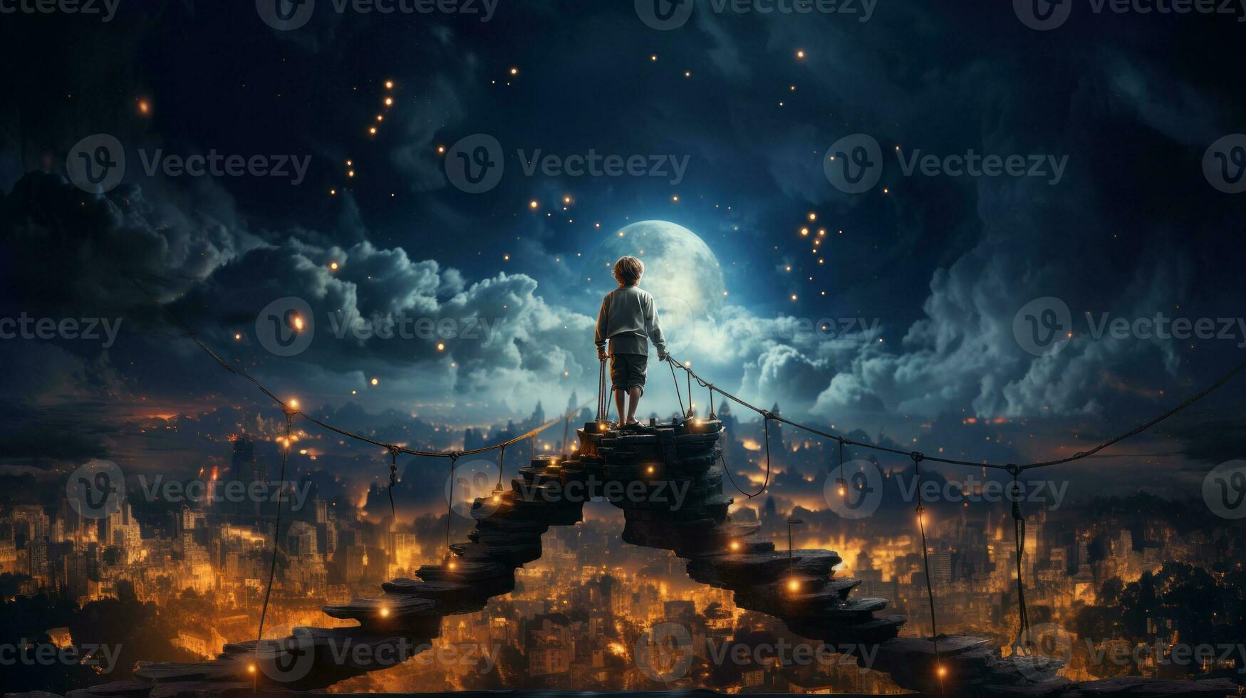 Hug universe. Rear view of boy standing on ladder and looking at night city. Digital art style, illustration painting. photo